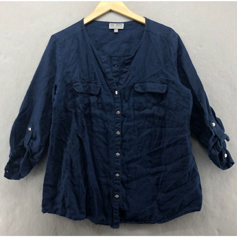 JM Collection 100% Linen Button Back Top Women 14 Nautical Coast Roll Tab Sleeve